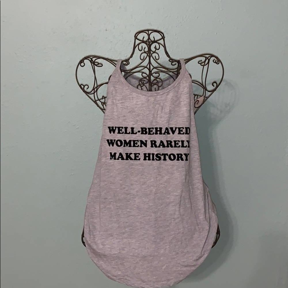 Grey tank top with black lettering.